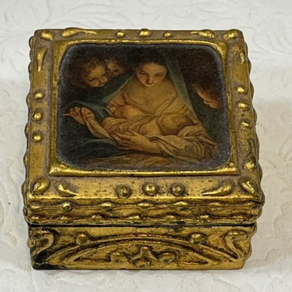 VTG Italian Florentine Mini Wooden Trinket Box Madonna & Child Hinged 2.5" - Picture 4 of 16